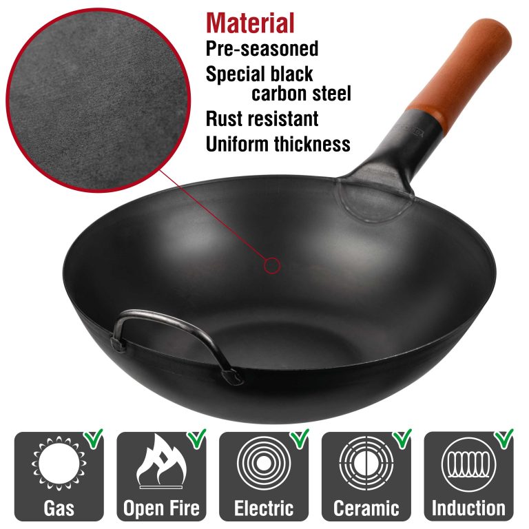 Yosukata 11,8-inch Pre-Seasoned Black Carbon Steel Wok Flat Bottomed