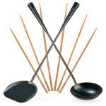 Small Yosukata Utensils Set: 17-inch Pre-seasoned Carbon Steel Wok Spatula, Ladle and Bamboo Chopsticks