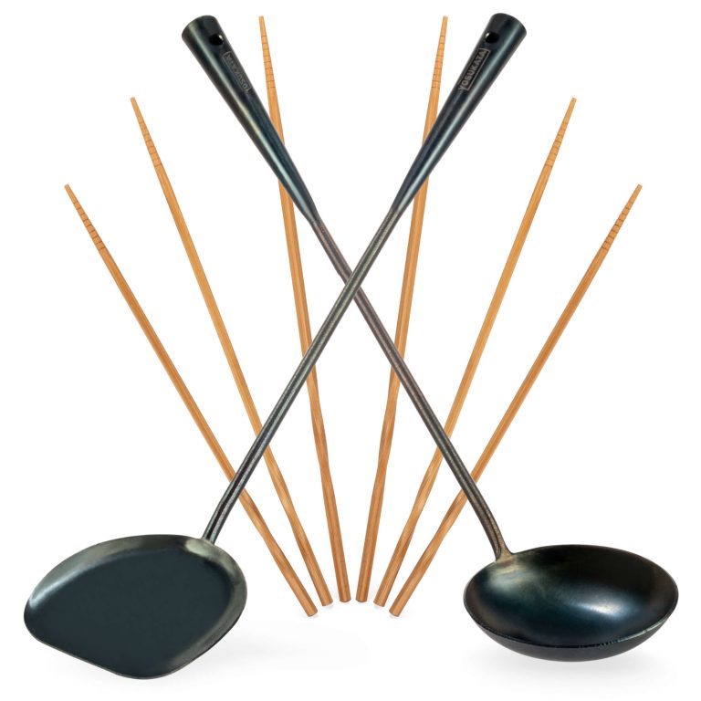 Yosukata Utensils Set: 17-inch Pre-seasoned Carbon Steel Wok Spatula, Ladle and Bamboo Chopsticks
