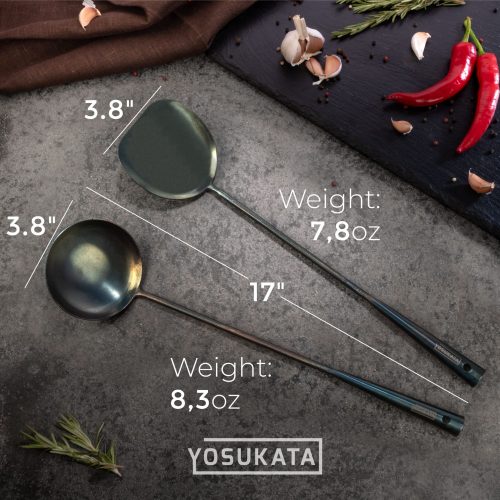 Small Yosukata Blue Carbon Steel Wok 13,5-inch+Stainless Steel Wok Lid+Carbon Steel Wok Spatula, Ladle and Bamboo Chopsticks
