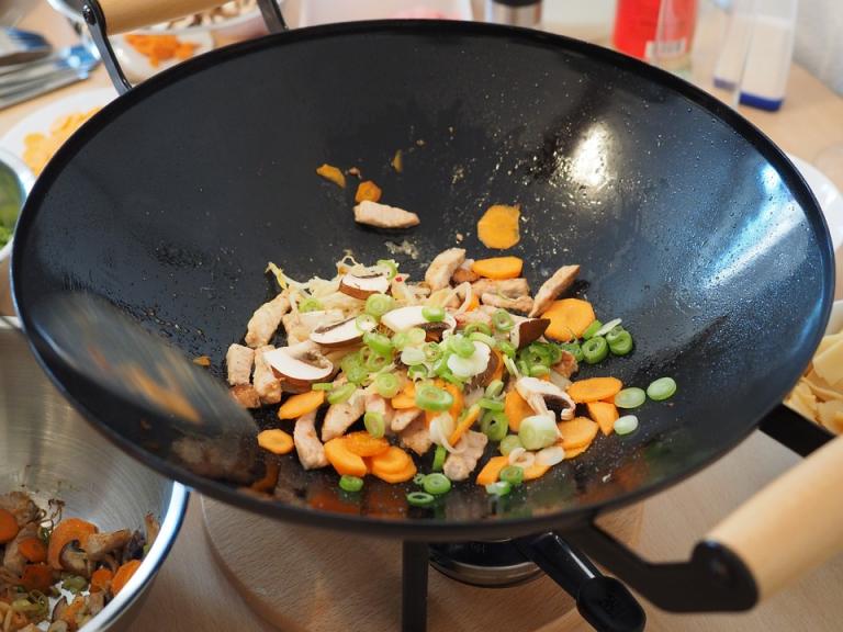 Vegetables and meat in a wok