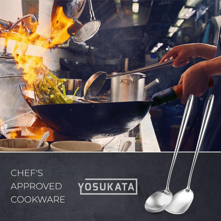 Yosukata Utensils Set: 17-inch Stainless Steel Wok Spatula and Ladle Set