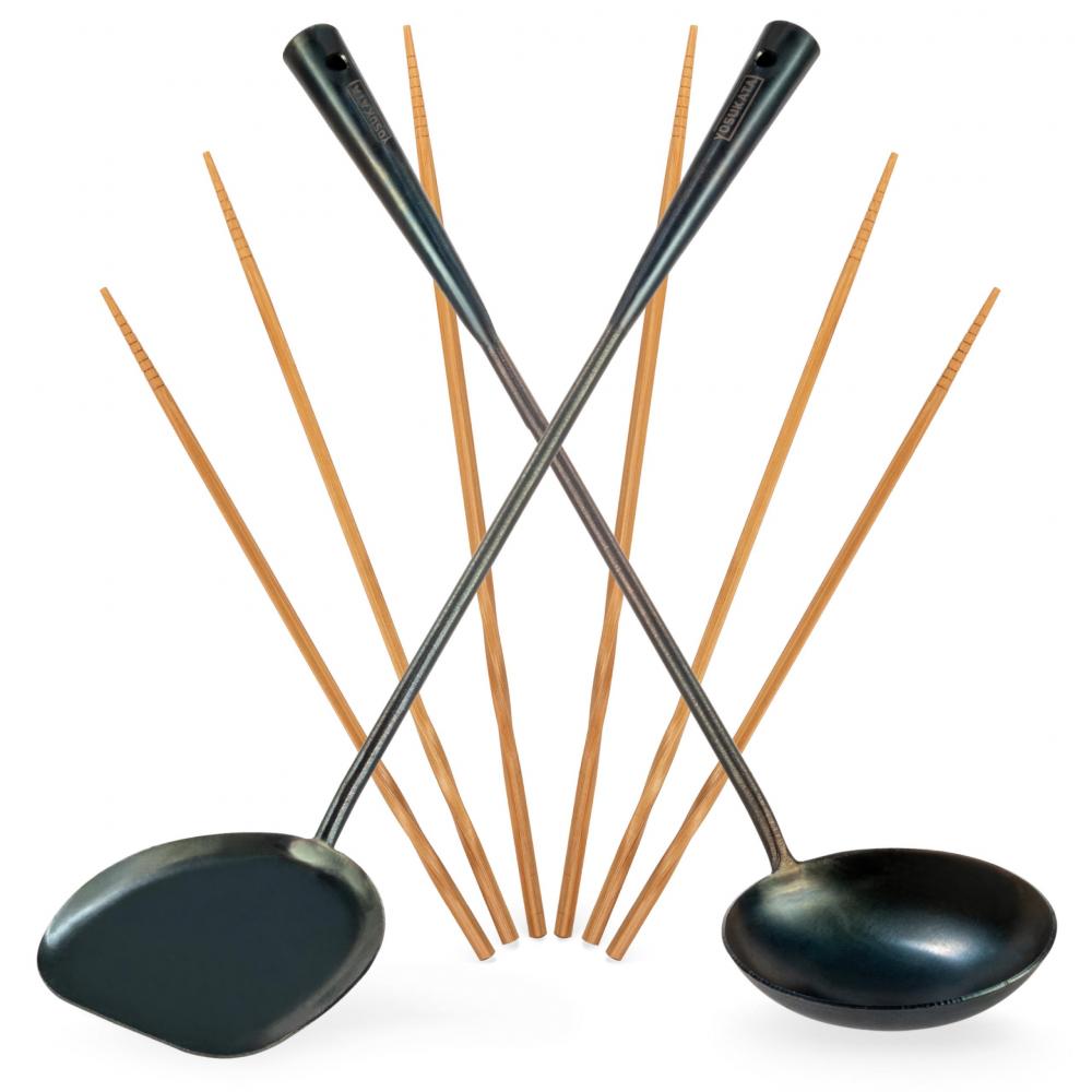 Yosukata Utensils Wok Set (17-inch Wok Spatula, Ladle Carbon Steel & Bamboo Chopsticks)