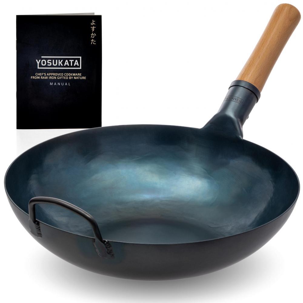Yosukata Wok Pan (13,5-inch, Blue Carbon Steel, Flat Bottomed, Pre-Seasoned)