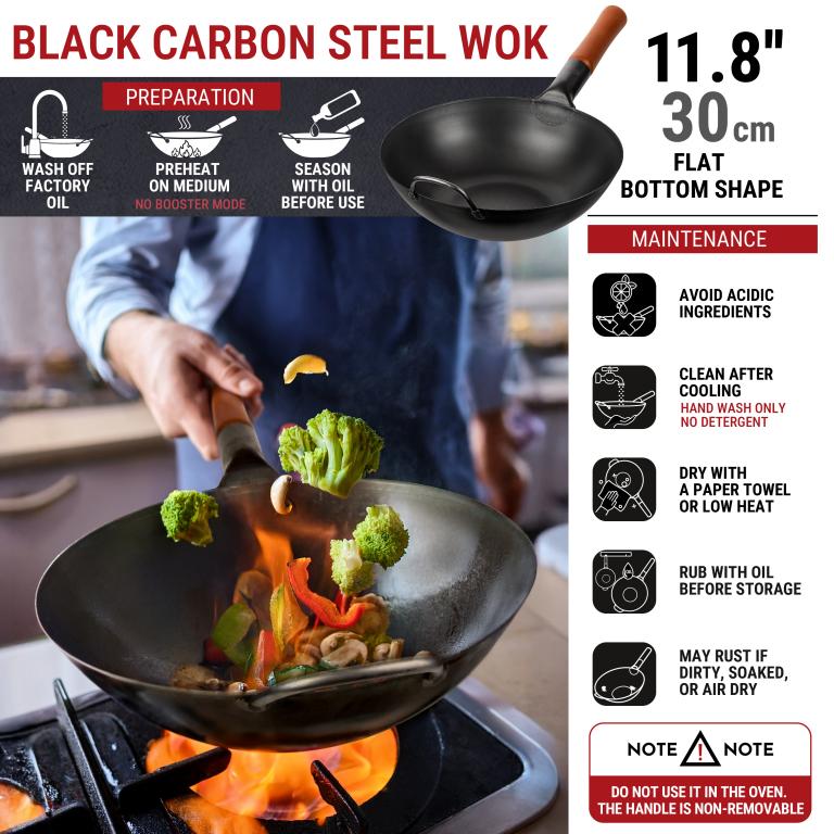 Yosukata Black Carbon Steel Wok 11,8-inch+Spatula and Ladle Set