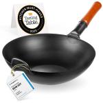 Small Yosukata 13,5-inch Pre-Seasoned Black Carbon Steel Wok Flat Bottomed