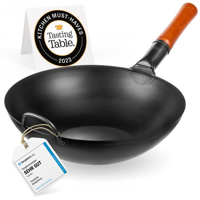 Wok Pan (13,5-inch, Black Carbon Steel, Flat Bottomed, Pre-Seasoned)