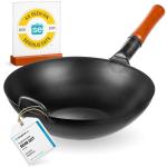 Small Yosukata Black Carbon Steel Wok 13,5-inch+Stainless Steel Wok Lid+Spatula and Ladle Set+Chopsticks for Cooking