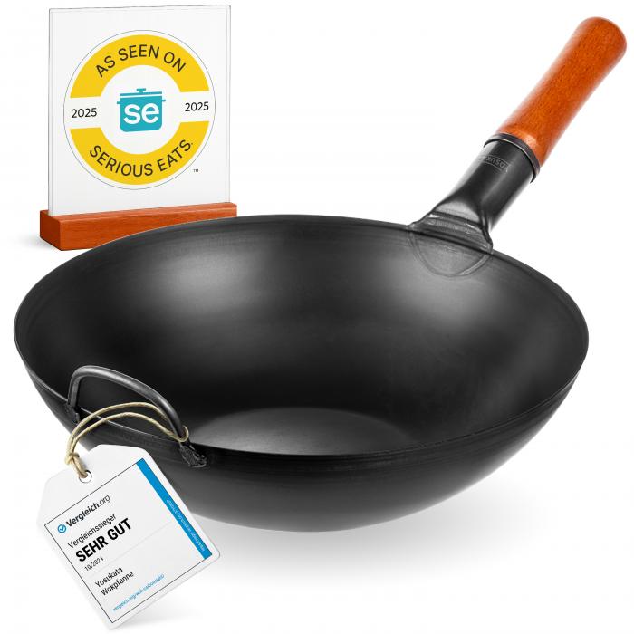 Wok Pan (13,5-inch, Black Carbon Steel, Flat Bottomed, Pre-Seasoned)