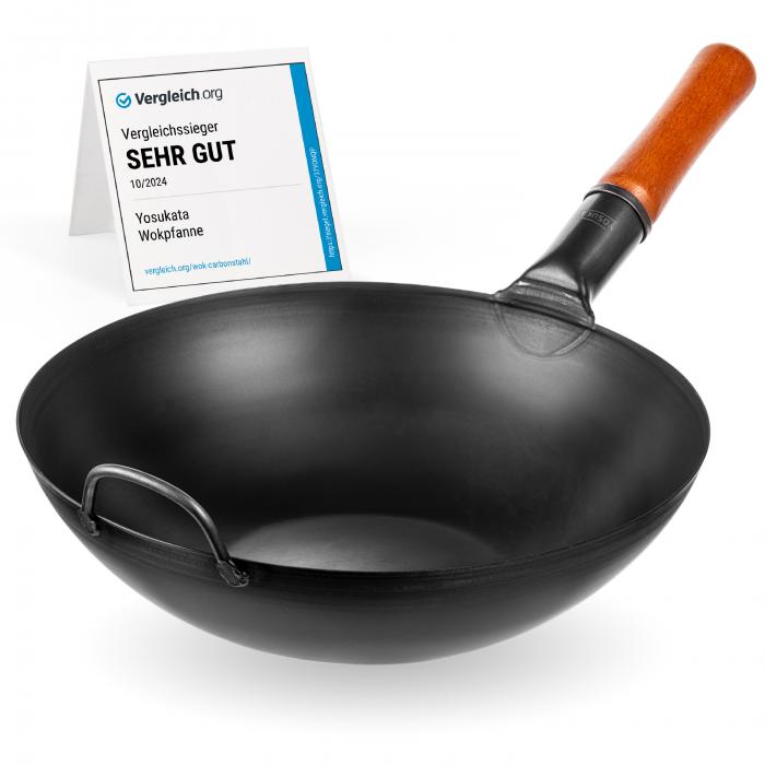 Wok Pan (13,5-inch, Black Carbon Steel, Flat Bottomed, Pre-Seasoned)