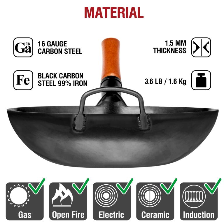 Yosukata Black Carbon Steel Wok 13,5-inch+Wooden Wok Lid+Spatula and Ladle Set