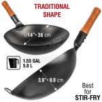 Small Yosukata Black Carbon Steel Wok 14-inch+Stainless Steel Wok Lid+Spatula and Ladle Set