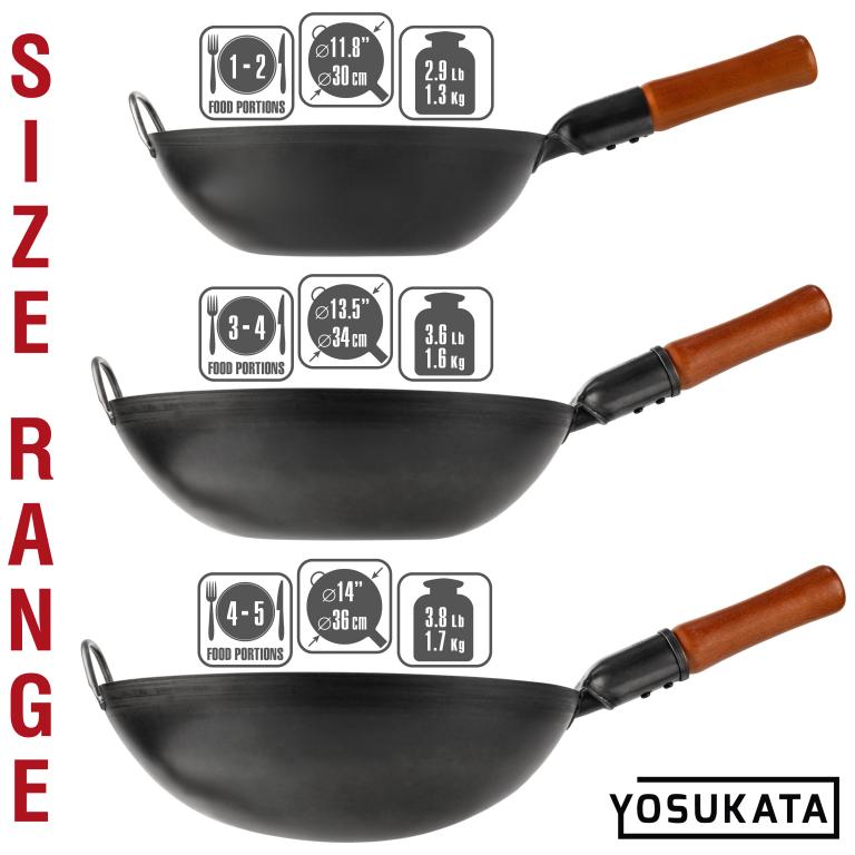 Yosukata 14-inch Pre-Seasoned Black Carbon Steel Wok Round Bottomed