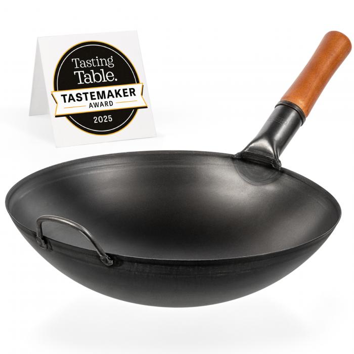 Wok Pan (14-inch, Black Carbon Steel, Round Bottomed, Pre-Seasoned)