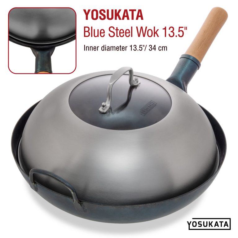 Yosukata Black Carbon Steel Wok 13,5-inch+Stainless Steel Wok Lid+Spatula and Ladle Set+Chopsticks for Cooking