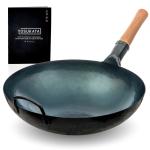 Small Yosukata Blue Carbon Steel Wok 14-inch+Stainless Steel Wok Lid+Spatula and Ladle Set