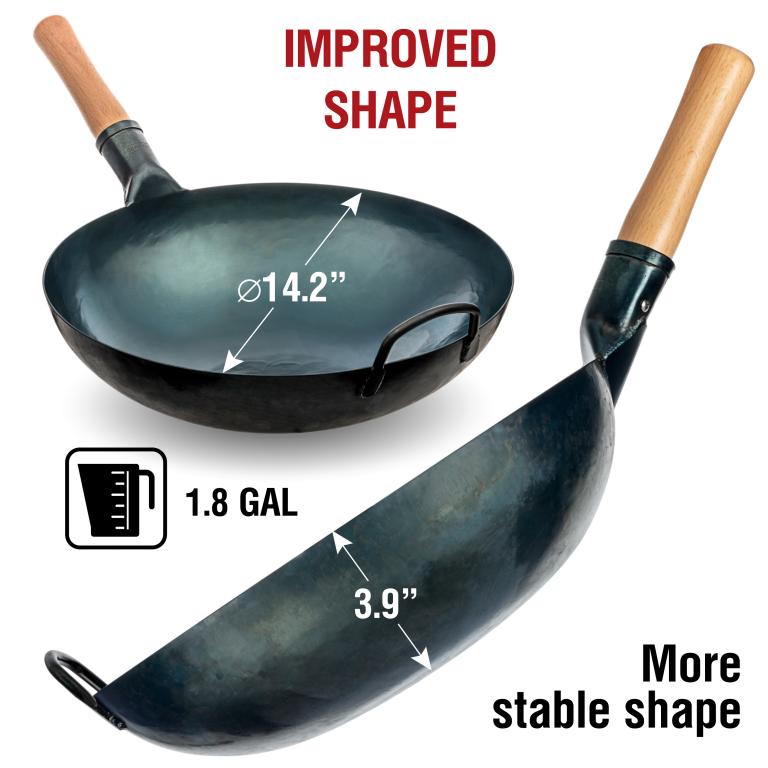 Yosukata Blue Carbon Steel Wok 14-inch+Stainless Steel Wok Lid+Spatula and Ladle Set