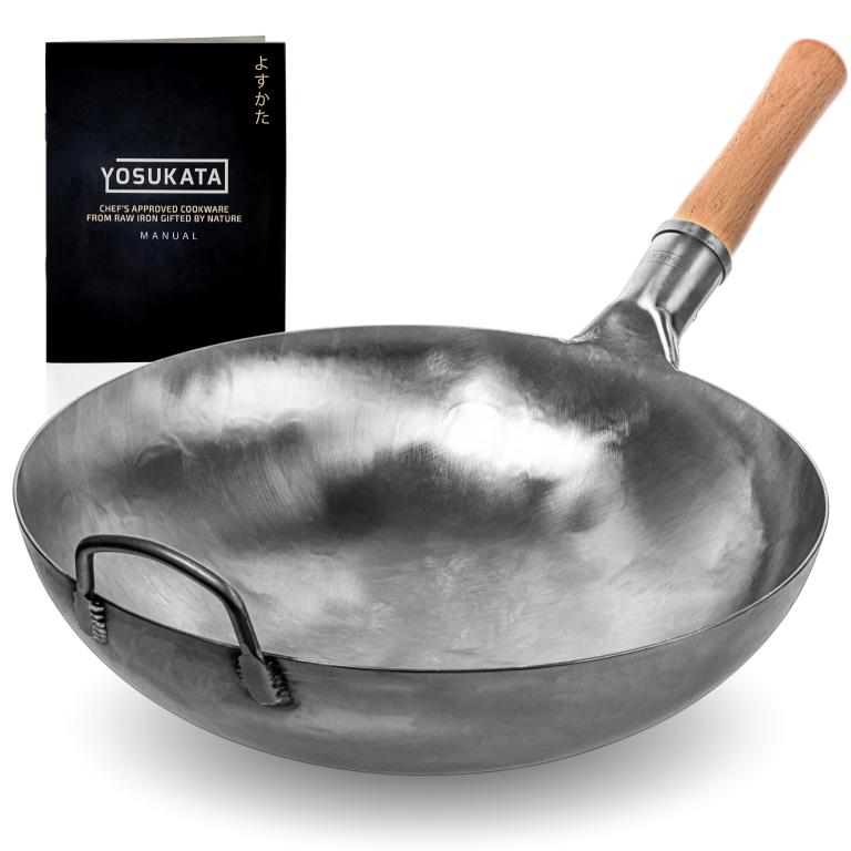 Yosukata Silver Wok Pan 14-inch+Stainless Steel Wok Lid+Spatula and Ladle Set