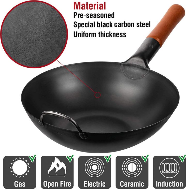 Yosukata 11,8-inch Pre-Seasoned Black Carbon Steel Wok Flat Bottomed