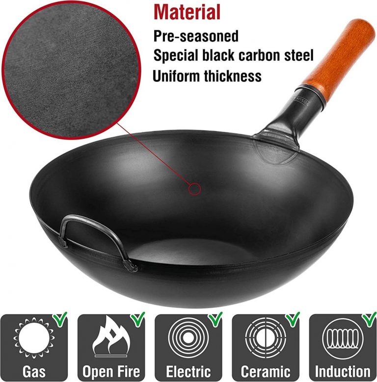 Yosukata 13,5-inch Pre-Seasoned Black Carbon Steel Wok Flat Bottomed