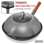 Small Yosukata Black Carbon Steel Wok 13,5-inch+Stainless Steel Wok Lid+Spatula and Ladle Set