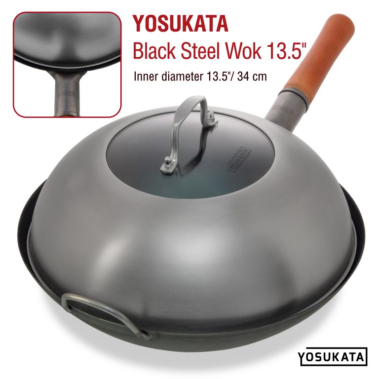 Yosukata Black Carbon Steel Wok 13,5-inch+Stainless Steel Wok Lid+Spatula and Ladle Set