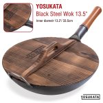 Small Yosukata Black Carbon Steel Wok 13,5-inch+Wooden Wok Lid