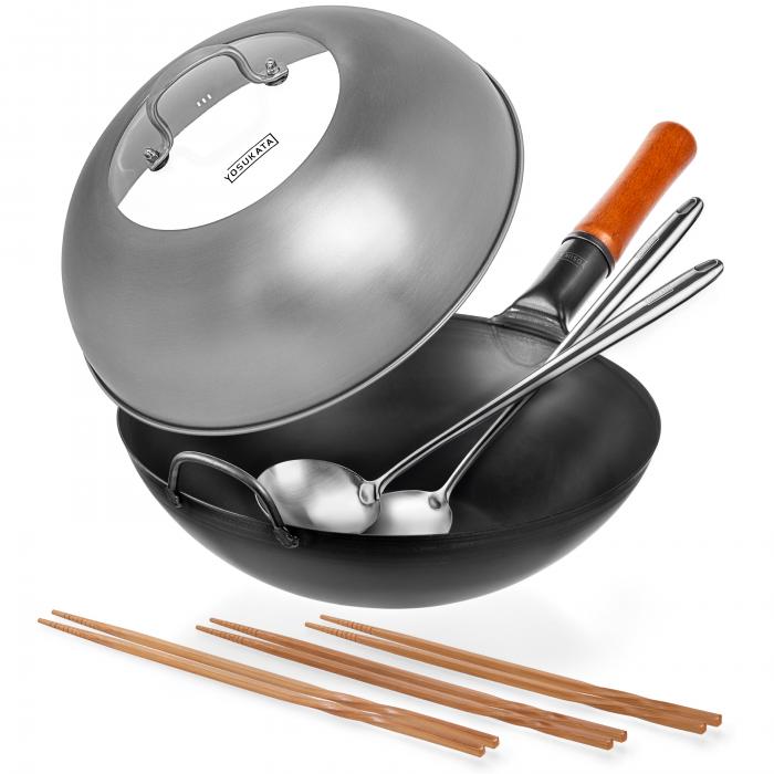 Yosukata Black Carbon Steel Wok 13,5-inch+Stainless Steel Wok Lid+Spatula and Ladle Set+Chopsticks for Cooking