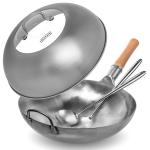 Small Yosukata Silver Wok Pan 14-inch+Stainless Steel Wok Lid+Spatula and Ladle Set