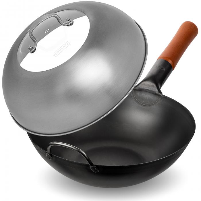 Yosukata Black Carbon Steel Wok 11,8-inch+Stainless Steel Wok Lid