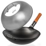 Small Yosukata Black Carbon Steel Wok 14-inch+Stainless Steel Wok Lid