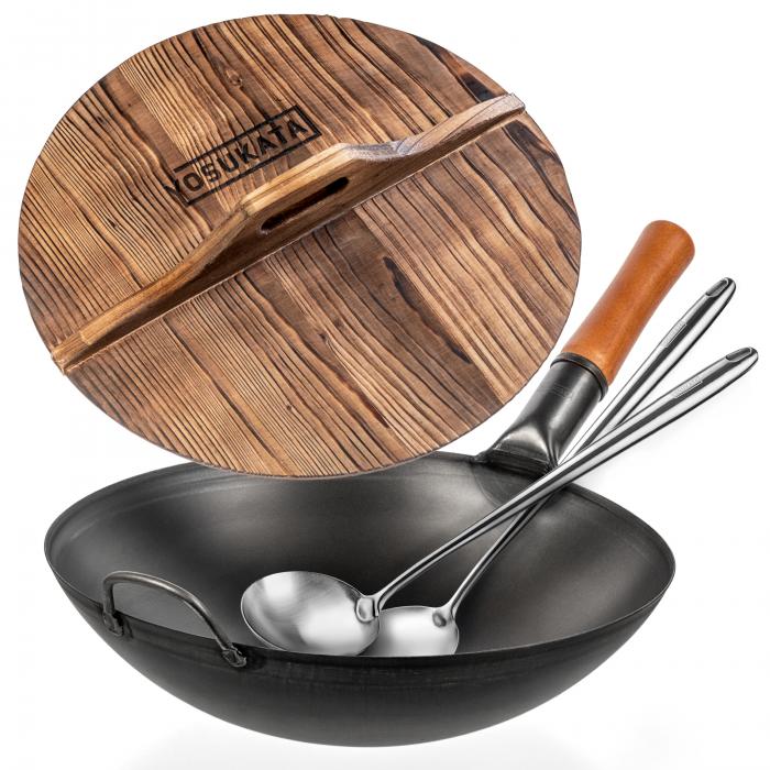 Yosukata Black Carbon Steel Wok 14-inch+Wooden Wok Lid+Spatula and Ladle