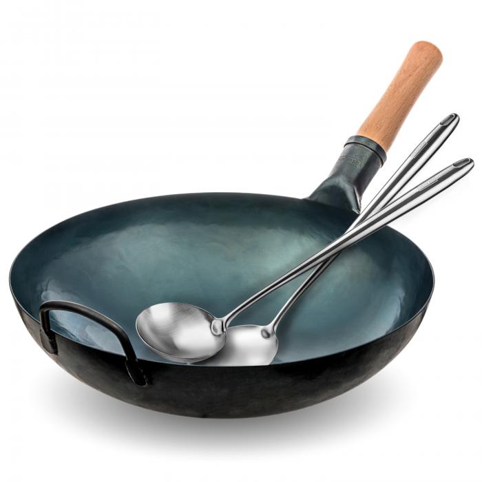 Yosukata Blue Carbon Steel Wok 14-inch+Spatula and Ladle Set