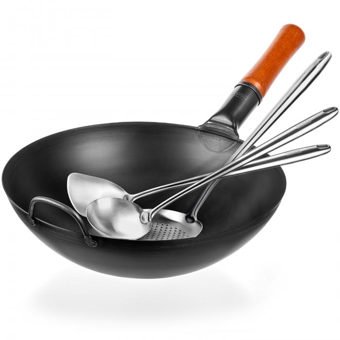 Yosukata Black Carbon Steel Wok 13,5-inch+Spatula, Ladle and Skimmer Set