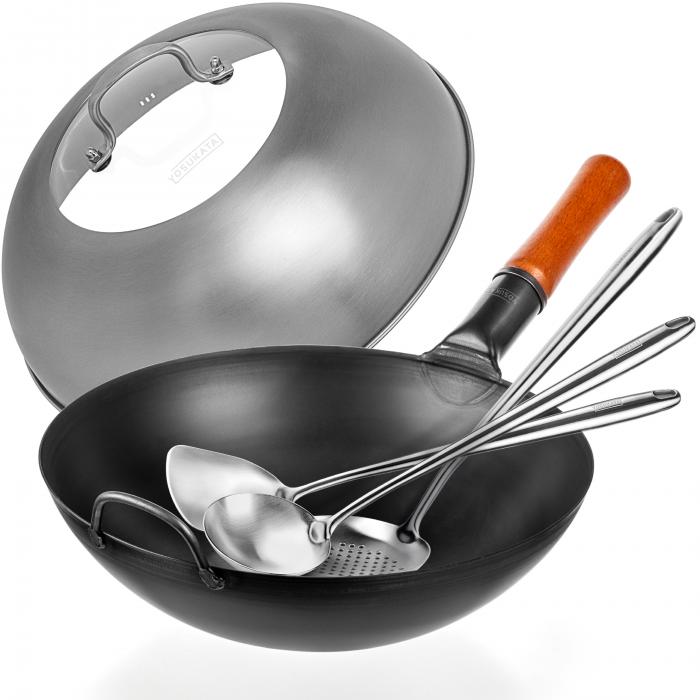 Yosukata Black Carbon Steel Wok 13,5-inch+Stainless Steel Wok Lid+Spatula, Ladle and Skimmer Set