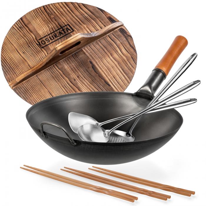 Yosukata Black Carbon Steel Wok 14-inch+Wooden Wok Lid+Spatula, Ladle and Skimmer Set+Chopsticks for Cooking