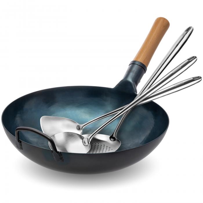 Yosukata Blue Carbon Steel Wok 13,5-inch++Spatula, Ladle and Skimmer Set