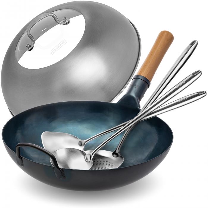 Yosukata Blue Carbon Steel Wok 13,5-inch+Stainless Steel Wok Lid+Spatula, Ladle and Skimmer Set