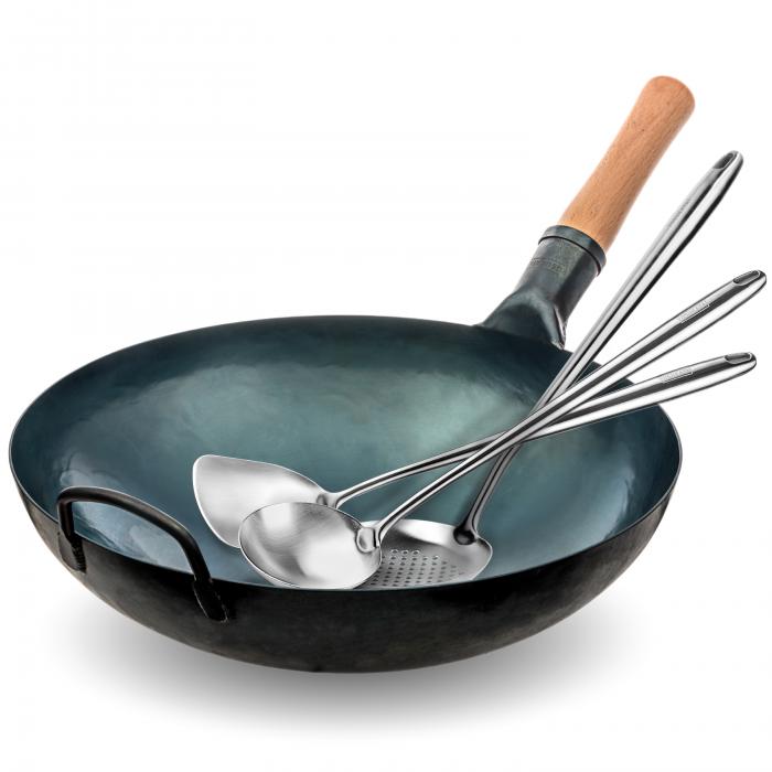 Yosukata Blue Carbon Steel Wok 14-inch+Spatula, Ladle and Skimmer Set