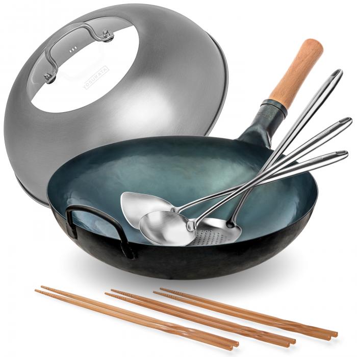 Yosukata Blue Carbon Steel Wok 14-inch+Stainless Steel Wok Lid+Spatula, Ladle and Skimmer Set+Chopsticks for Cooking