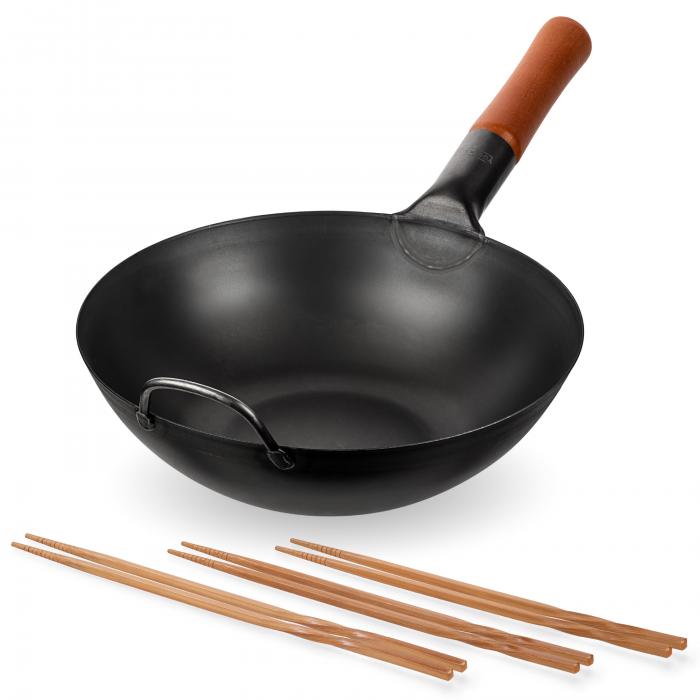 Yosukata Black Carbon Steel Wok 11.8-inch + Chopsticks for Cooking