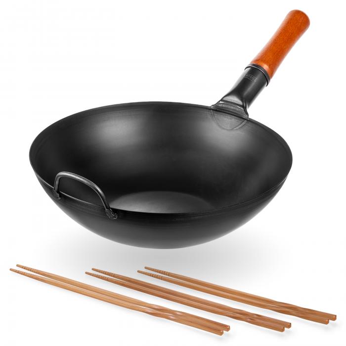 Yosukata Black Carbon Steel Wok 13,5-inch + Chopsticks for Cooking