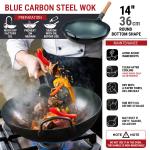 Small Yosukata Blue Carbon Steel Wok 14-inch+Stainless Steel Wok Lid+Spatula and Ladle Set