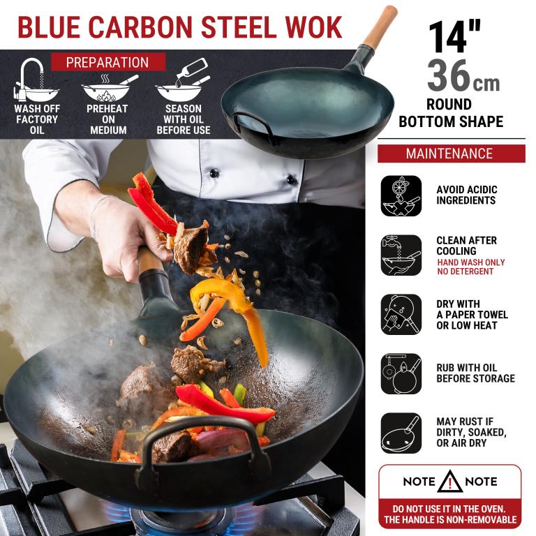 Yosukata Blue Carbon Steel Wok 14-inch+Stainless Steel Wok Lid+Spatula and Ladle Set