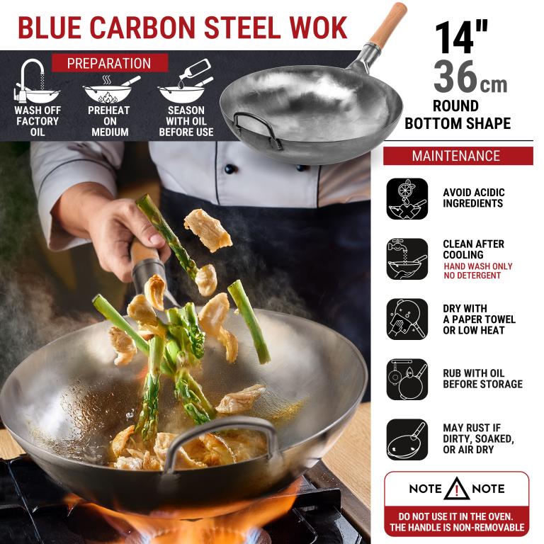 Yosukata 14-inch Not Seasoned Blue Carbon Steel Wok Round Bottomed