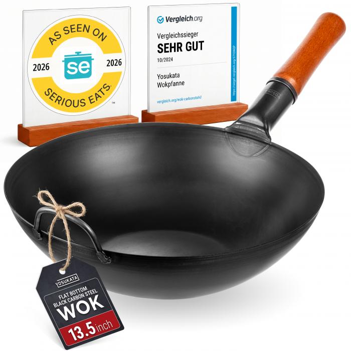 Wok Pan (13,5-inch, Black Carbon Steel, Flat Bottomed, Pre-Seasoned)