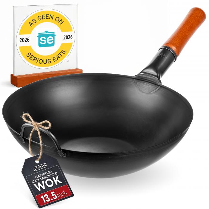 Wok Pan (13,5-inch, Black Carbon Steel, Flat Bottomed, Pre-Seasoned)